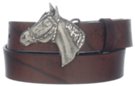 1" wide brown cowhide belt and horse buckle for children