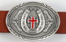 oval pewter western belt buckle with red enamel cross inside horseshoe