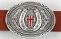oval pewter western belt buckle with red enamel cross inside horseshoe