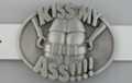 "kiss my ass" belt buckle with illustrative buns