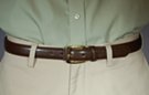 1-1/8" brown single stitch leather dress belt, oil tan finish, oblong 1-3/4" gold-tone buckle with leather protector and keeper