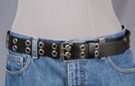 1-1/2" black leather belt with two rows of 1/2" metal eyelets, nickel polish double prong roller buckle and plain leather retainer loop