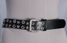 1-1/2" black leather belt with two rows of alternating stars and eyelets, nickel polish double prong buckle and plain leather keeper