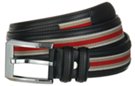 black leather belt with web trim and nickel buckle
