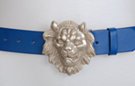 lions head buckle on royal blue belt strap