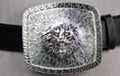 3-D lion's head, face and mane, Aztec border; silver-tone