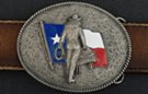 cowgirl and Texas flag on scrollwork western buckle