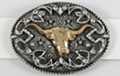 oval pewter and brass western belt buckle, Texas longhorn with cut-outs and shiny cut-aways