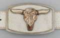 longhorn skull on cracked white leather semi-oval belt buckle