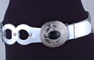 wide silver loops with studs, big silver disk and black stone western-style buckle