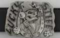 "Lucky Stiff" lucky horseshoe skeleton belt buckle with gold coin in eye