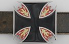 black belt buckle in shape of Maltese cross with flames