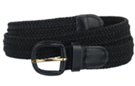 braided knitted elastic stretch belt, black with black leather tabs and buckle