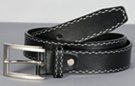 medium square cut leather belt with black and white edge stitching and raised chrome buckle