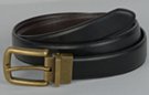 1-1/8" black/brown reversible single stitch smooth leather dress belt, 2" by 1-5/8" antique gold buckle with attached metal keeper