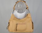 tan designer jean frame bag with zippered pockets jean seams