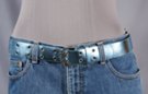 1-3/8" metallic blue pleather belt with two rows of small 1/4" metal eyelets, nickel polish double prong roller buckle and plain pleather retainer loop