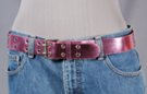 1-3/8" metallic pink pleather belt with two rows of small 1/4" metal eyelets, nickel polish double prong roller buckle and plain pleather retainer loop