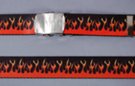 nylon 1-1/4" military-style web belt, orange flame print on black with nickel polish buckle