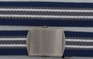 striped military web belt; navy blue and gray with white, antique brass buckle