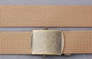 beige 1-1/4" military-style web belt, shown with nickel polish and antique brass buckles
