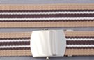 striped military web belt; beige and gray with white, nickel polish buckle