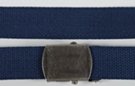 navy 1-1/4" military-style web belt with antique silver buckle