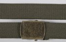 olive green military web belt, shown with nickel polish buckle