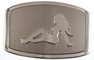 oblong belt buckle, chrome mudflap girl on brushed chrome field