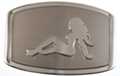 oblong belt buckle, chrome mudflap girl on brushed chrome field