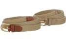 narrow braided woven elastic stretch belt, beige with brass buckle and leather tabs