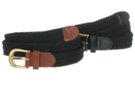 narrow braided woven elastic stretch belt, black with brass buckle and leather tabs