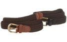 narrow braided woven elastic stretch belt, brown with brass buckle and leather tabs