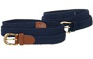 narrow braided knitted elastic stretch belt, navy blue with brass buckle and leather tabs