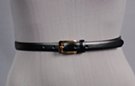 black 3/4" polished leather dress belt, feathered edge strap and retainer, rectangular gold-tone buckle