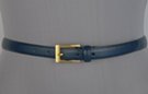 navy blue 3/4" polished leather dress belt, feathered edge strap and retainer, rectangular gold-tone buckle
