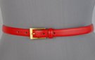 red 3/4" polished leather dress belt, feathered edge strap and retainer, rectangular gold-tone buckle
