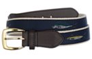 fabric web belt with leather tabs, gold-tone buckle, attached navy blue strip with embroidered deep-sea game fish