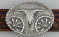 longhorn skull and wagon wheel pewter western belt buckle
