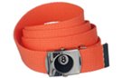 black 8-ball buckle on orange web belt