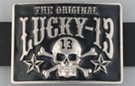 black and chrome "Lucky-13" belt buckle with skull and crossbones