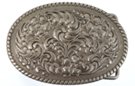 oval nickel western belt buckle, floral relief pattern