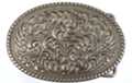 oval nickel western belt buckle, floral relief pattern