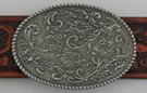 oval pewter western belt buckle, floral relief design