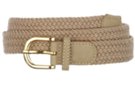 beige narrow braided stretch belt with gold buckle