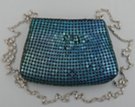 tiny blue-green metallic plate-mesh purse with shoulder chain