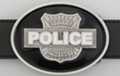 "Police" black and white belt buckle with serve and protect badge