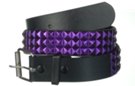 purple metallic pyramid studs on black leather belt with roller buckle