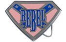 "REBEL" in pink and blue rebel on superwoman shield buckle