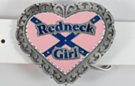 heart-shape enameled belt buckle with "Redneck Girl" over pink and blue rebel flag